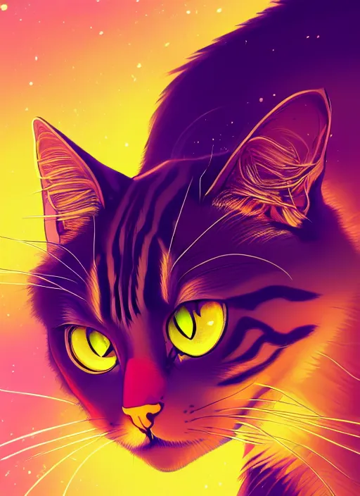 Image similar to ⁠portrait of a cat, cosmic background, rich vivid colors, ambient lighting, dynamic lighting, 4k, HQ, official media, anime key visual, makoto shinkai, ilya kuvshinov, lois van baarle, rossdraws, detailed, trending on artstation