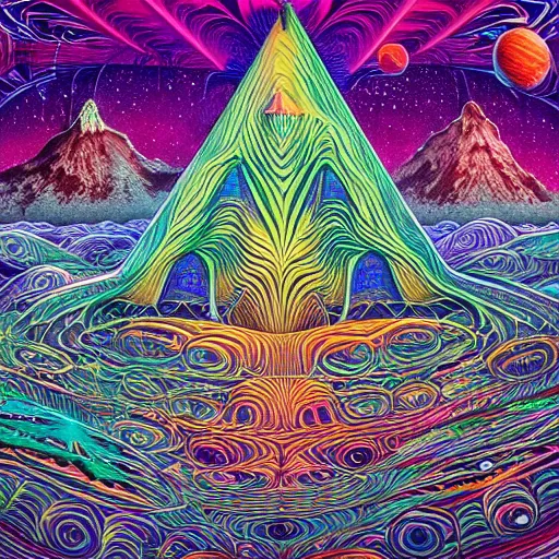 Image similar to geometric volcanoes melting into ocean forest cliffs in space by android jones, alex grey, chris dyer, aaron brooks,