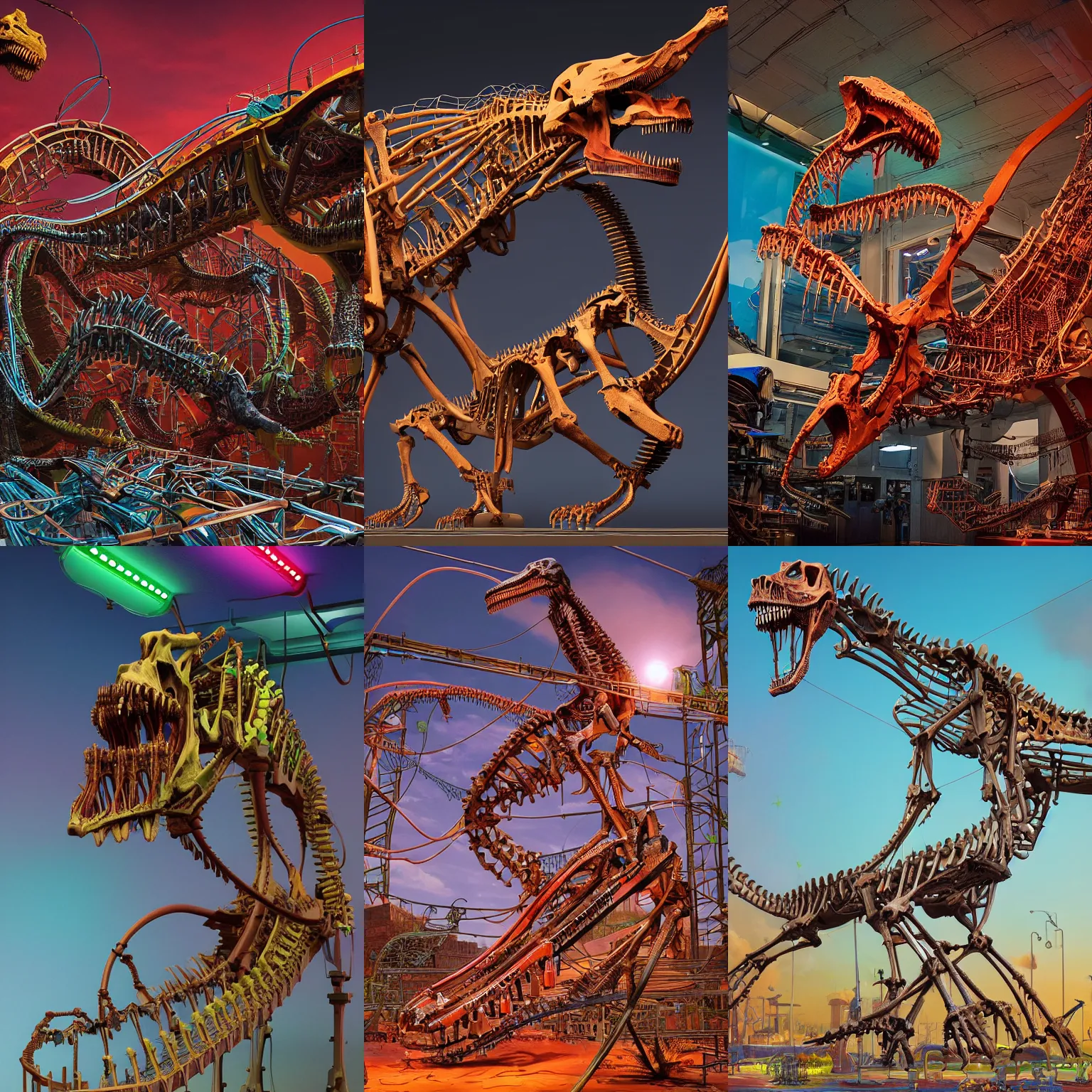 Prompt: Simple bionic exploded drawing dinosaur skeleton sculpture architecture made from rollercoaster, with colorfull jellybeans organs, cables, wires and tubes, by angus mckie, by rhads, in a dark empty black studio hollow, c4d, at night, rimlight, rimight, rimlight