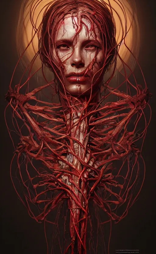 Image similar to portrait of a dark god, bloody wires, visible veins and nerves and muscles and bones and arteries, intricate, headshot, highly detailed, digital painting, artstation, concept art, sharp focus, cinematic lighting, illustration, art by artgerm and greg rutkowski, alphonse mucha, cgsociety