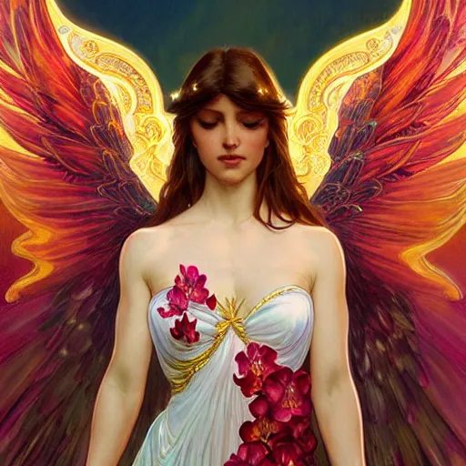 Image similar to a beautiful orchid phoenix angel woman, in an ornamented dress with large wings, rubies, volumetric light, god rays, highly detailed painting by greg rutkowski, artgerm, alphonse mucha