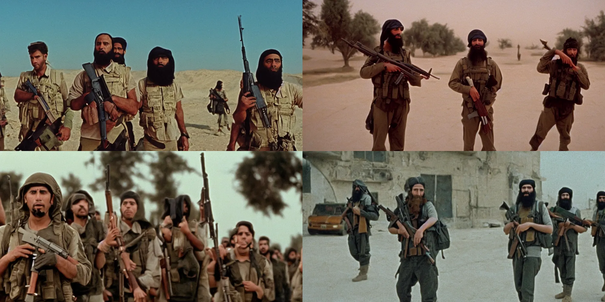 Prompt: islamic state militants isis directed by wes anderson, cinestill 8 0 0 t, 1 9 8 0 s movie still, film grain