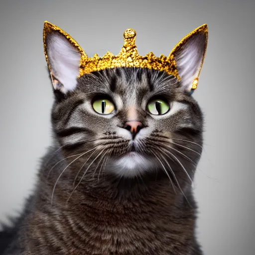 Image similar to a cat wearing a king's crown,studio photograph,professional photography,professional lighting,3 point lighting,detailed face,hyperdetailed,photorealistic,4k