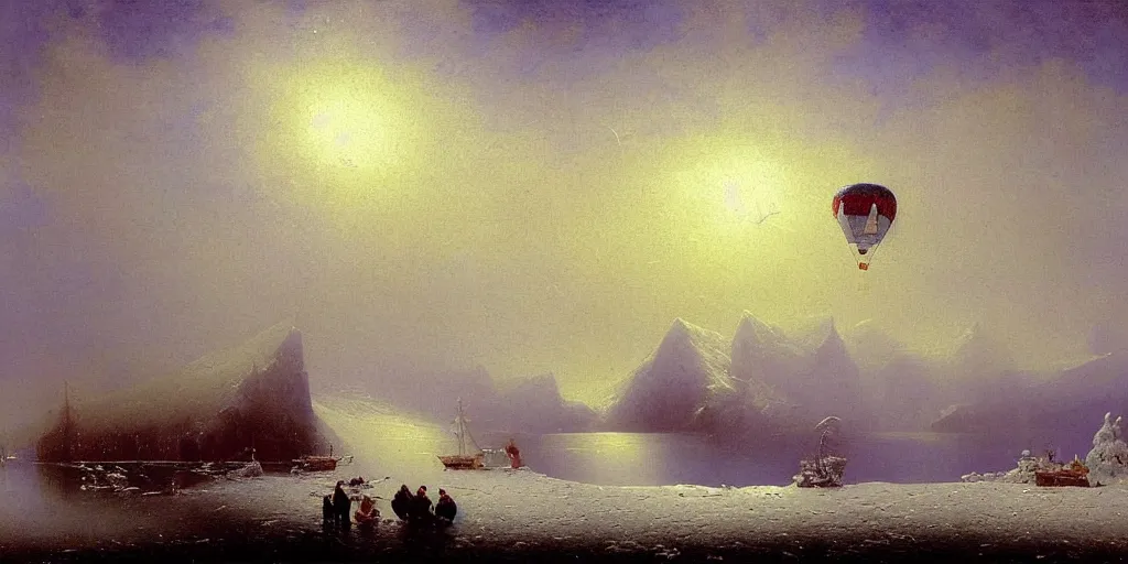 Image similar to Beautiful ice lake, snow, freezing, big zepelim in the sky, big air balloon in the sky, beautiful artwork detailed painting by Ivan Aivazovsky
