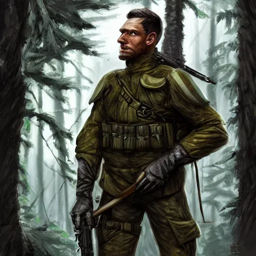 Image similar to male soldier in the forest, by annie leibowitz!!!, D&D, fantasy, intricate, elegant, highly detailed, digital painting, artstation, concept art, matte, sharp focus, illustration