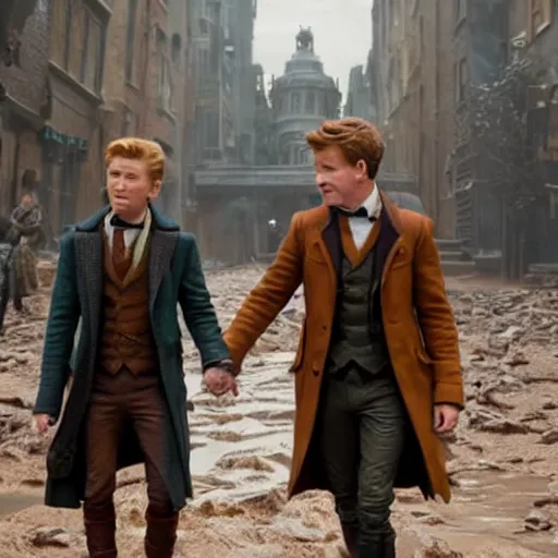 Image similar to newt scamander walking hand in hand with baby groot from guardians of the galaxy, film still from the movie, directed by david yates