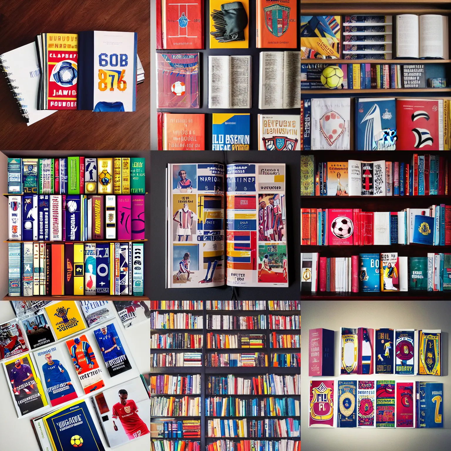 Prompt: flatlay soccer book collection, vivid colors, dramatic lighting