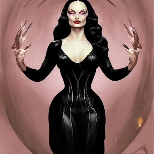 Image similar to margot robbie as morticia addams, masterpiece, intricate, elegant, highly detailed, digital painting, artstation, concept art, smooth, sharp focus, illustration, art by artgerm and greg rutkowski and alphonse mucha and uang guangjian and gil elvgren and sachin teng, symmetry!!