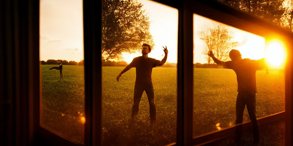 Image similar to the sunset's light beams through a window, tom holand, action pose, outside in a farm, medium close up shot, depth of field, sharp focus, waist up, movie scene, anamorphic,