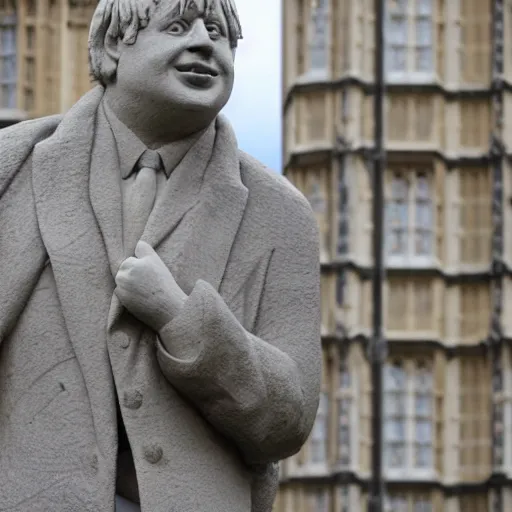Image similar to a stone sculpture of boris johnson on a plinth outside the houses of parliament, mid distance
