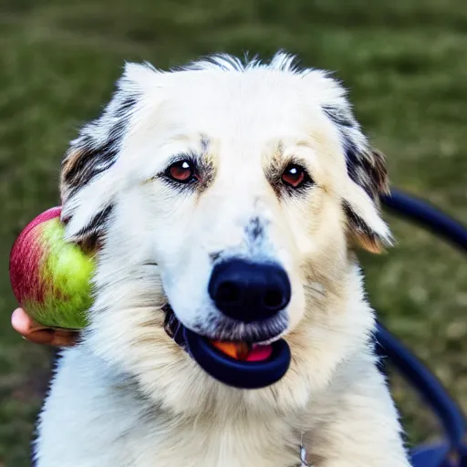 Image similar to a dog holding an apple in its mouth, 8 k, 4 k, professional photography, award winning photo