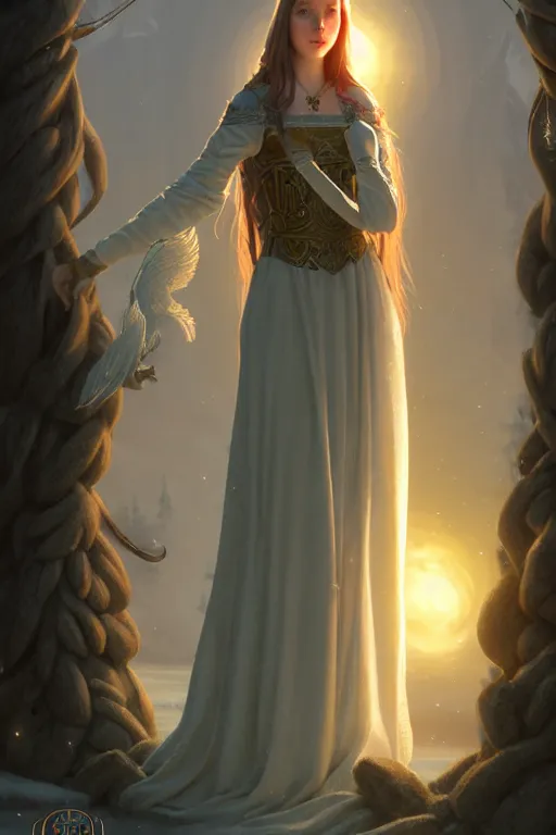 Image similar to nostalgia for a fairytale, nordic, ice, medieval maiden, long hair, tall and thin, illustration, dramatic lighting, soft details, painting, art nouveau, octane render, 8 k, hd, by edmund blair leighton, brom, charlie bowater, faces by otto schmidt