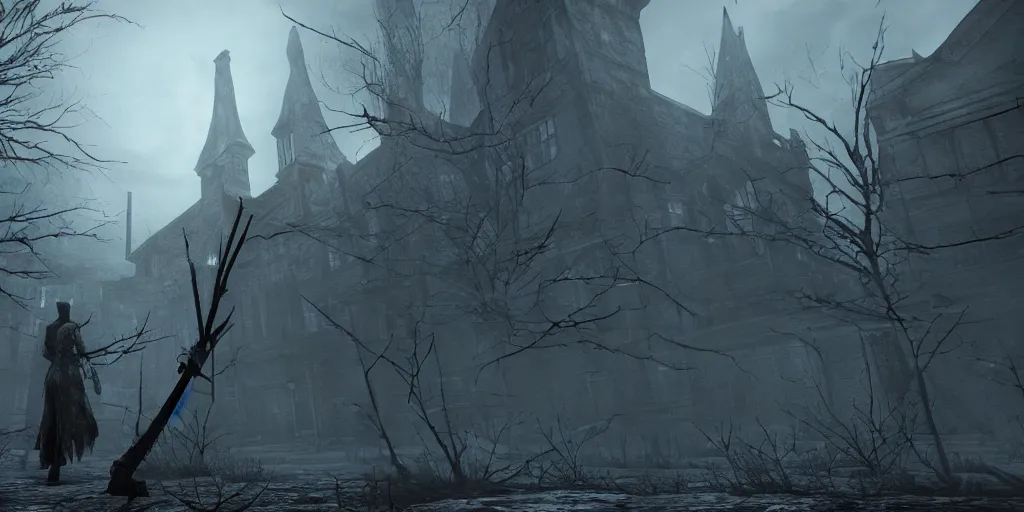 Image similar to mix between silent hill and bloodborne, terrifying, dark