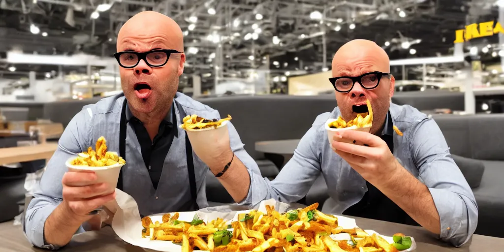 Image similar to Harry hill eating loaded fries in ikea