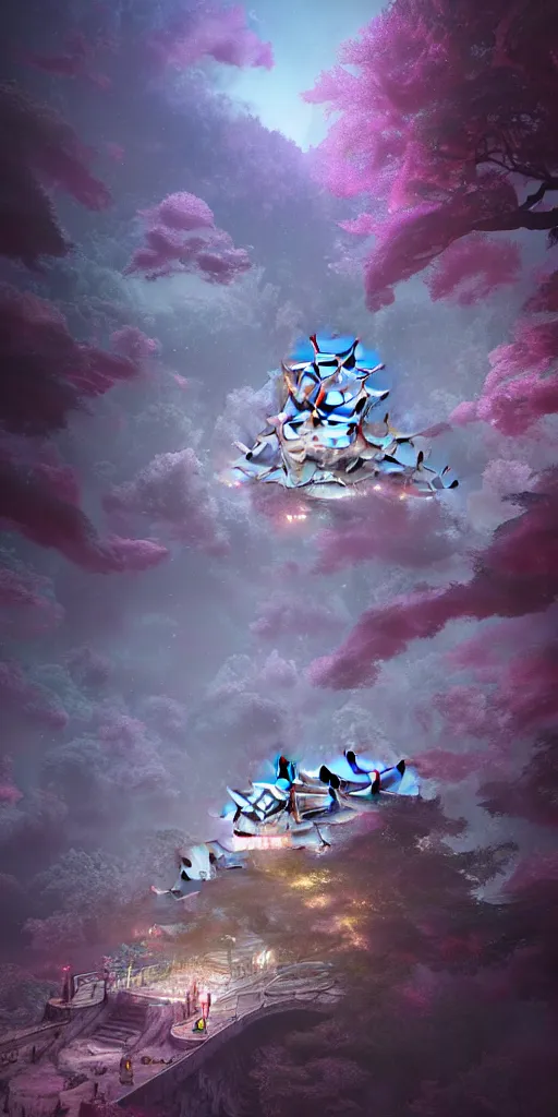 Image similar to a psychedelic realm hidden away in a pocket of ethereal understanding, astral projection of himeji castle, in the style of greg rutkowski, and wlop, and lisa frank, and bob ross, and ruan jia, illustration, epic, fantasy, hyper detailed, smooth, unreal engine, sharp focus, ray tracing