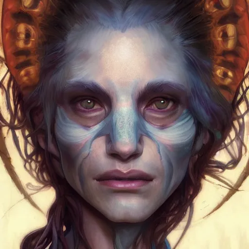 Image similar to portrait of native weird Skinwalker, highly detailed, digital painting, artstation, concept art, smooth, sharp focus, illustration, art by artgerm and greg rutkowski and alphonse mucha