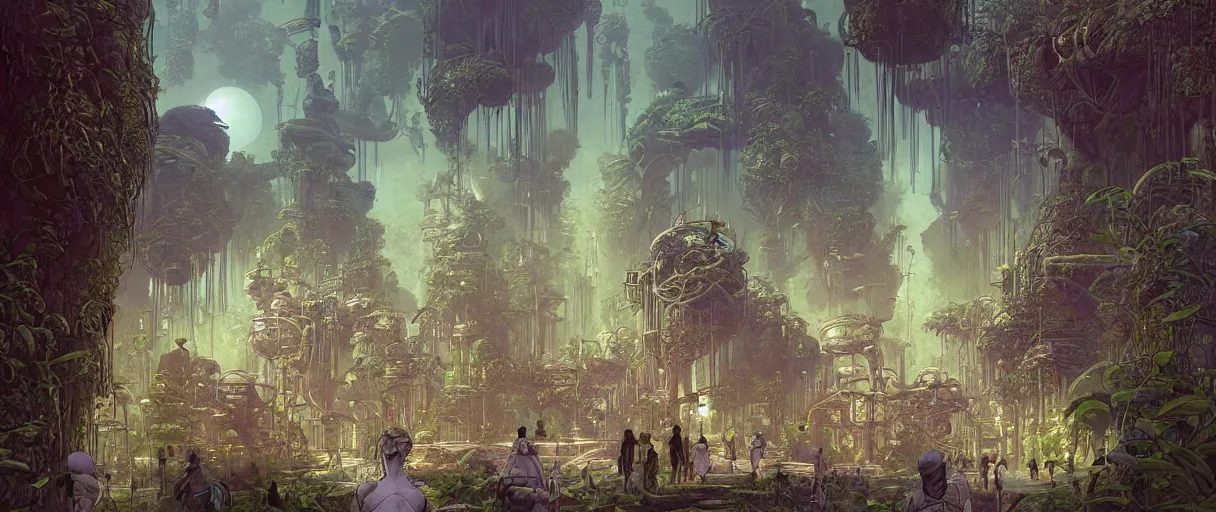 Image similar to A beautiful illustration of a retro futurism hanging garden full of people walking the pathways on another world by Daniel merriam | sparth:.2 | Time white:.5 | Rodney Matthews:.3 | Graphic Novel, Visual Novel, Colored Pencil, Comic Book:.2 | unreal engine:.3