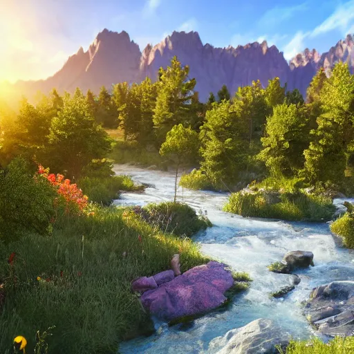 Prompt: natural landscape with sun, mountains, trees, flowers and rivers, photorealistic, ultra - detailed, 4 k high resolution, hdr shot, unreal engine rendering