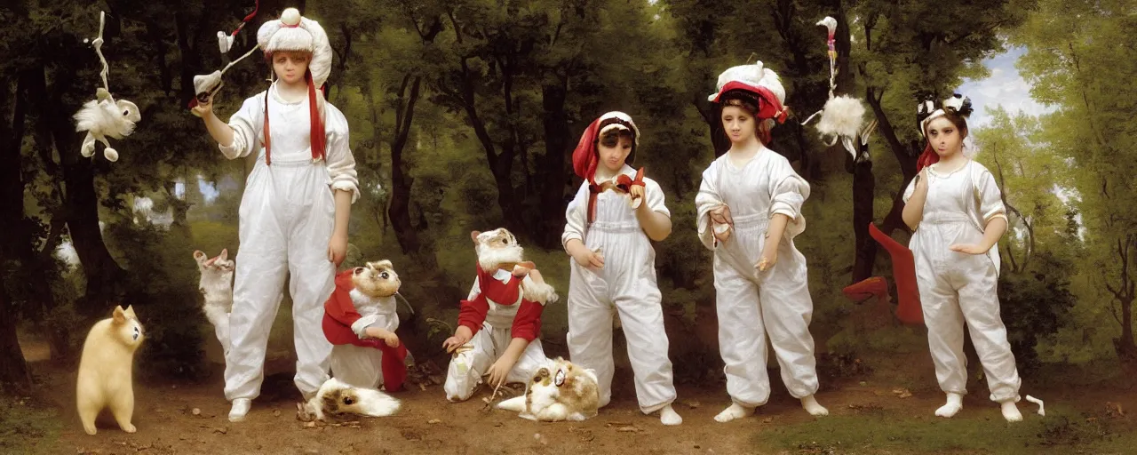 Image similar to A character sheet of full body cute magical ferrets wearing an oversized set of white overalls stained in colorful paints, Short Puffy pants made of cotton, work boots, cat toy accessories all over. Flowing fabric. Golden Ribbon. Covered in stars. Fancy hats. Fluffy Hair. Art by Johannes Helgeson and william-adolphe bouguereau and Paul Delaroche and Alexandre Cabanel and Lawrence Alma-Tadema and WLOP and Artgerm. Fashion Photography. Decora Fashion. harajuku street fashion. Kawaii Design. Intricate, elegant, Highly Detailed. Smooth, Sharp Focus, Illustration Photo real. realistic. Hyper Realistic. Sunlit. Moonlight. Dreamlike. Fantasy Concept Art. Surrounded by clouds. 4K. UHD. Denoise. Stolen Prompt