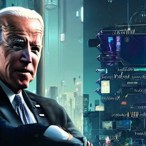 Image similar to joe biden as a cyborg in cyberpunk 2 0 7 7, technological, movie footage, high - tech, still frame