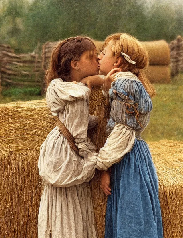 Prompt: two peasant girl secretly kiss hiding over a stack of hay lolita style, Cottage core, Cinematic focus, Polaroid photo, vintage, neutral colors, soft lights, foggy, by Steve Hanks, by Serov Valentin, by Andrei Tarkovsky, by Terrence Malick, 8k render, detailed, oil on canvas