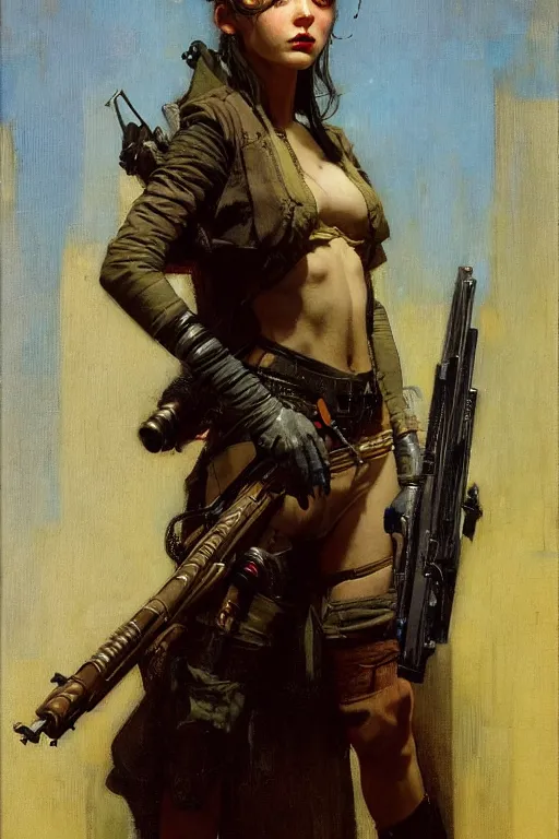 Image similar to portrait max mad cyberpunk, girl with a rifle character design, painting by gaston bussiere, katsuya terada, nc wyeth, greg rutkowski, craig mullins, vermeer, frank frazetta, tom of finland, trending on artstation, jeffery catherine jones