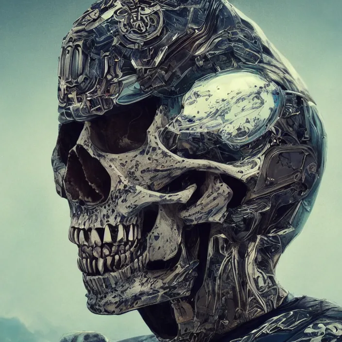 Image similar to portrait of a skull in a racing suit. intricate abstract. intricate artwork. nightmare fuel. by Tooth Wu, wlop, beeple, dan mumford. octane render, trending on artstation, greg rutkowski very coherent symmetrical artwork. cinematic, hyper realism, high detail, octane render, 8k, iridescent accents