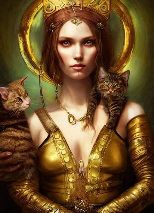 Prompt: beautiful viking woman surrounded by treasure and gold, perfect face, green eyes, wearing a golden robe, two cats in background, tom bagshaw