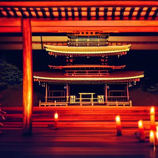 Prompt: dark image of Japanese temple, candles, 8k high detail,