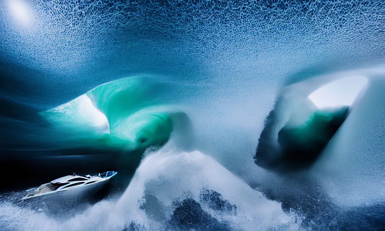 Prompt: speeding yacht speeding and breaking wave inside giant wave tunnel, by national geographic blue earth, high speed photography, refractions, nazare (portugal), artstation, octane render, 4k, moody colors, award winning photography, detailed, atmospheric lighting, volumetric lighting, concept art