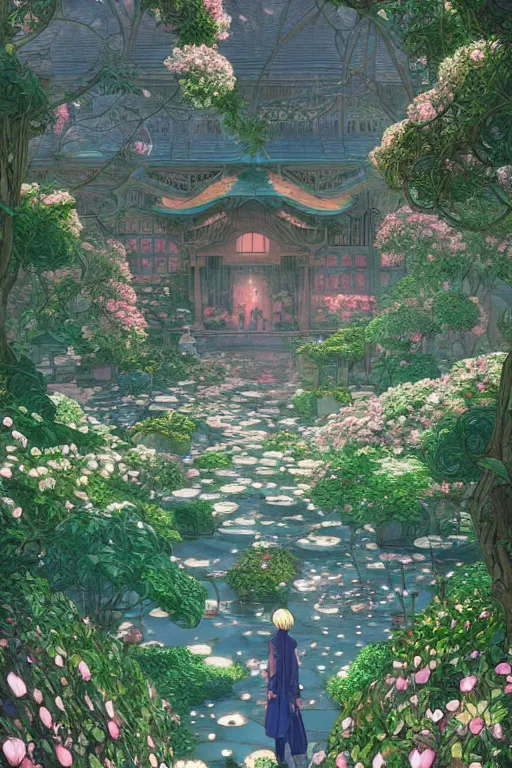 Image similar to a beautiful hyperdetailed illustration of absolutely beautiful blooming flower house alone, perfectly shaded, atmospheric lighting, style of studio ghibli, makoto shinkai, raphael lacoste, louis comfort tiffany, artgerm, james jean, victo ngai, ross tran, chinese style