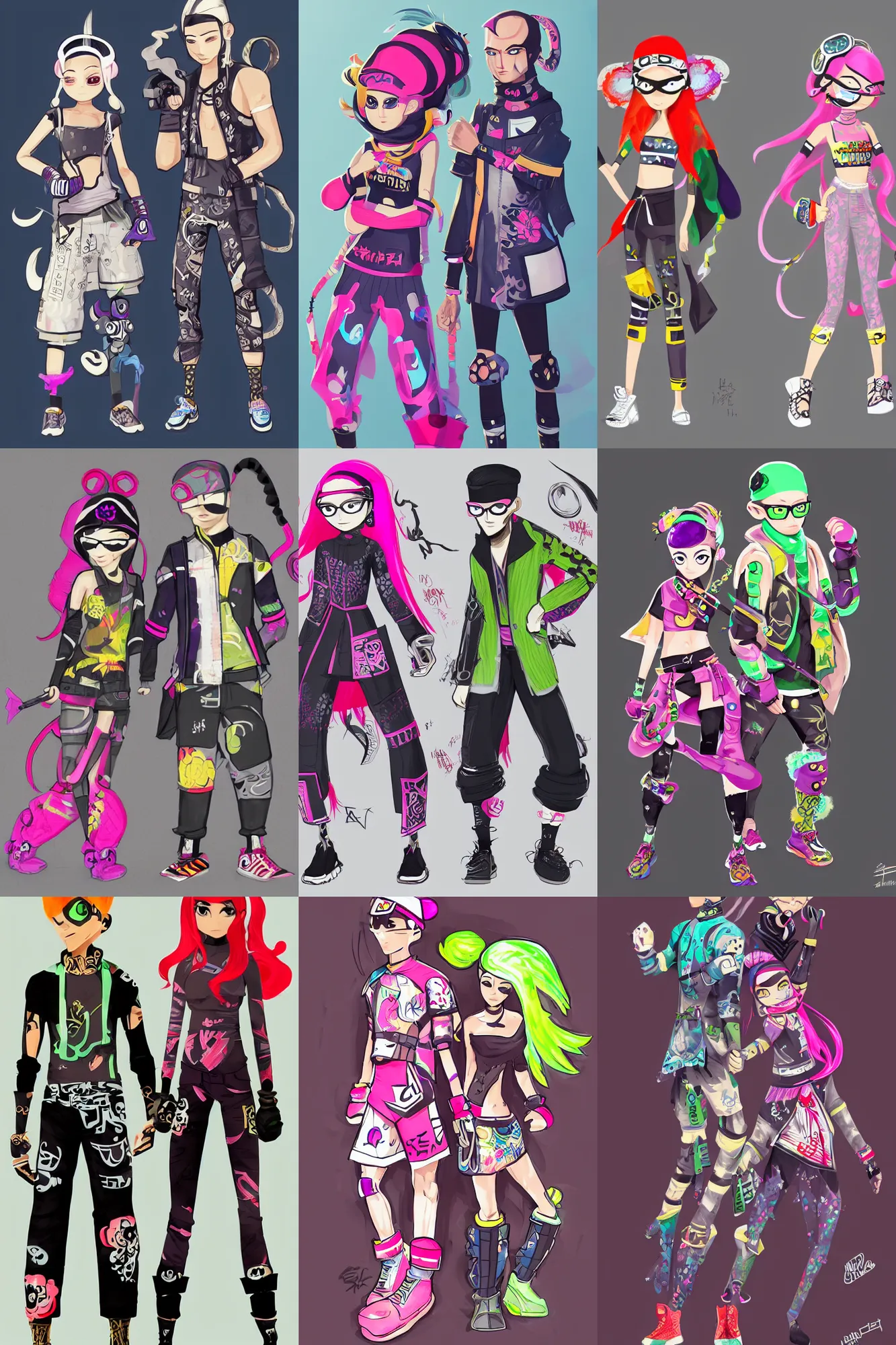 Prompt: concept art of fashionable male and female fighters wearing trendy outfit, ninjala, splatoon, kakar cheung, intricate, elegant, highly detailed, stylized