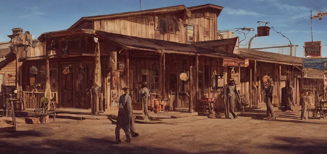 Prompt: from a movie scene, painting of a scifi western saloon exterior in old town, floral ornaments, gregory crewdson, cinematic wide shot