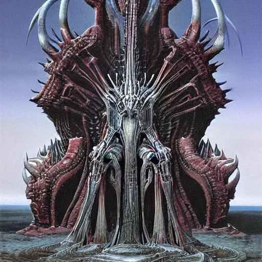 Prompt: biomechanical throne with alienic king connected to it by wayne barlowe