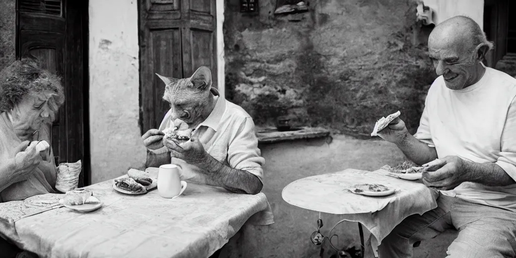 Prompt: photography of a cat sharing mortadella with his loved owner at a trullo house, photoreal, 3 5 mm, award winning photography