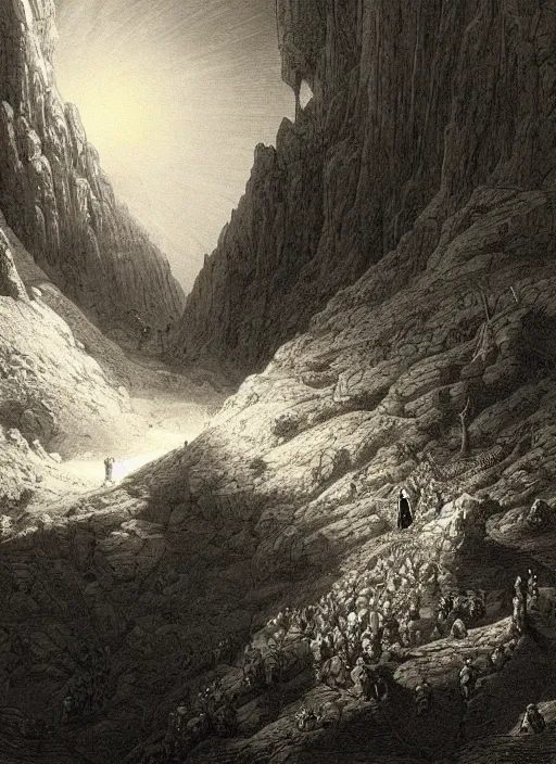 Image similar to battle in the epic valley, shaft of light, high contrast, gustave dore