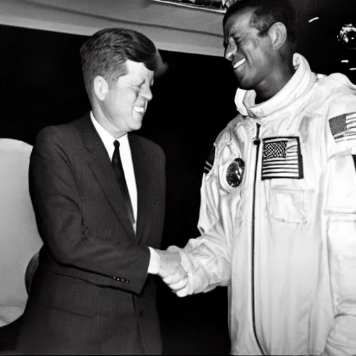 Image similar to a black and white photo of president kennedy shaking hands with a space alien