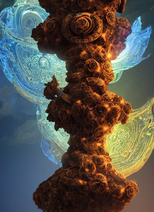 Image similar to flowers within the whole infinite capsule apparent with awe the apparition, an idea seep's into infinity highly detailed in volumetric latent space, golden turquoise steampunk, high contrast cinematic light, mystical shadows, sharp focus, divine realm of gods, octane render, artist by boris vallejo,