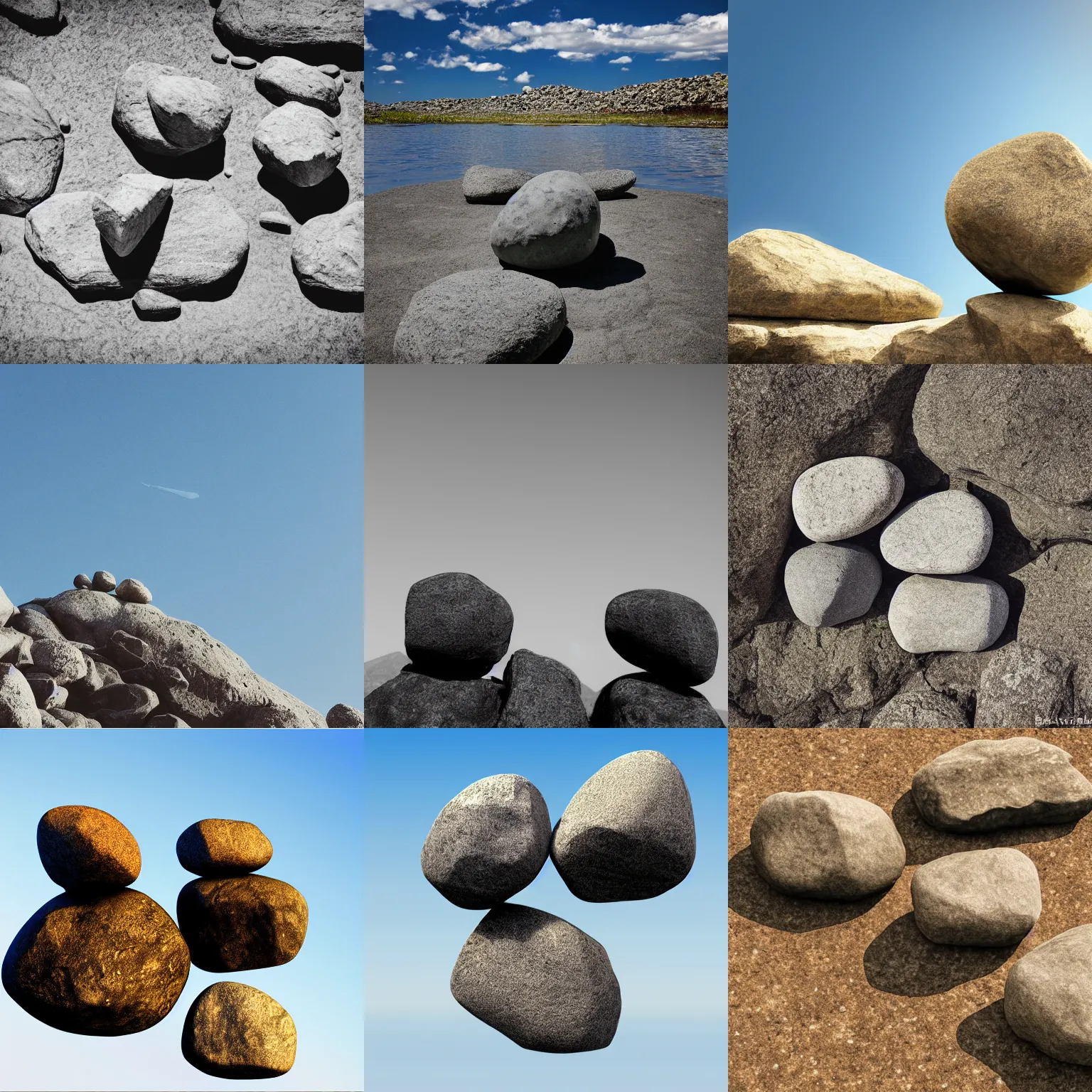 Prompt: 3 floating rocks in a clear sky, z- composition