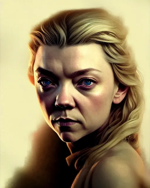 Prompt: natalie dormer, character portrait, portrait, close up, concept art, intricate details, highly detailed by greg rutkowski, michael whelan