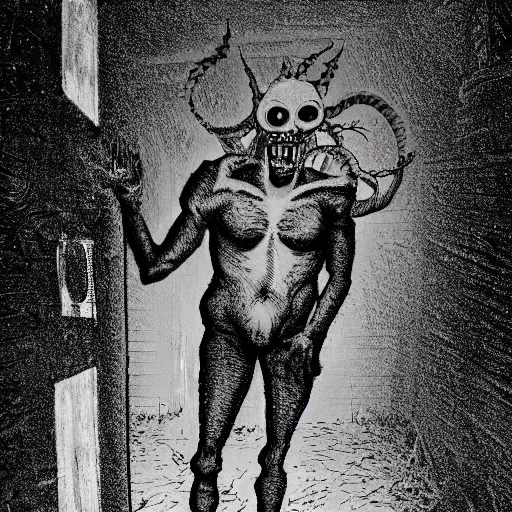 Prompt: terrifying demon in the corner of a dark room, creepypasta, found footage