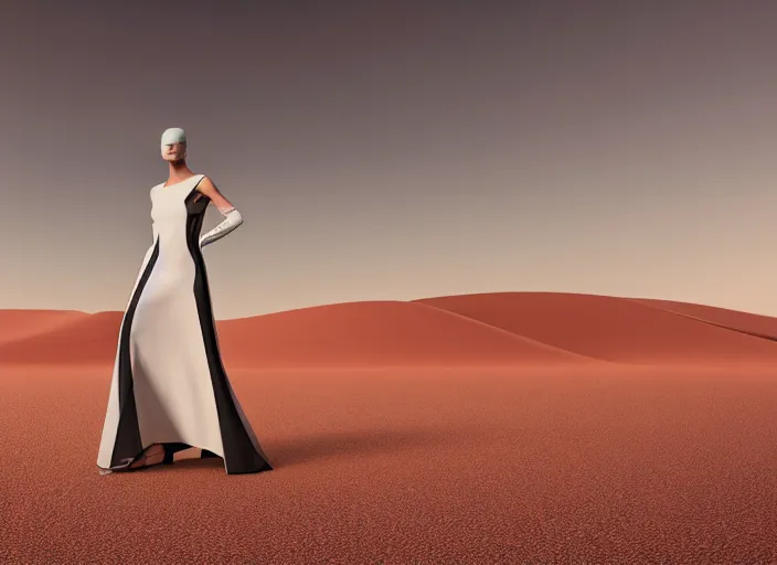 Prompt: futuristic dress for the dessert, dune style, fashion design, xf iq 4, 1 5 0 mp, 5 0 mm, iso 2 0 0, 1 / 1 6 0 s, realistic, natural light, octane render, adobe lightroom, rule of thirds, symmetrical balance, depth layering, polarizing filter, sense of depth, ai enhanced