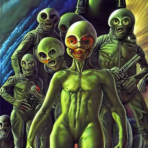 Image similar to a hyperrealistic painting of an alien invasion, by chris cunningham and richard corben, highly detailed, vivid color,