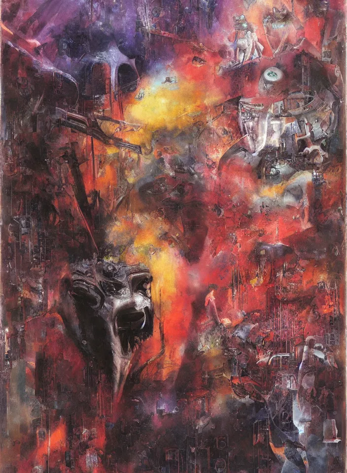 Image similar to the blind liberty of the few, red and purple palette, volume light, fog, by mimmo rotella by ( h. r. giger ) and paul lehr
