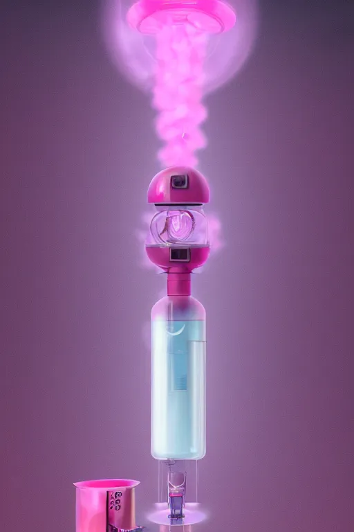 Prompt: Pink Vapor Inhalation Robot in a Medical Laboratory Connected to a Spherical Bottle of Pink Liquid by a Tube, Pink Vapor Leaking from an Oxygen Mask, fantasy, magic, ultra detailed, digital art, trending on artstation, illustration