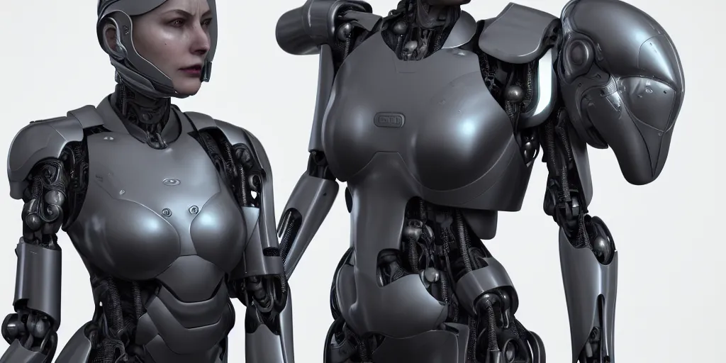 Image similar to hyper realistic s y m b i o s i s, female cyborg, glossy material surface, body armour, octane render, 4 k, volumtric lights