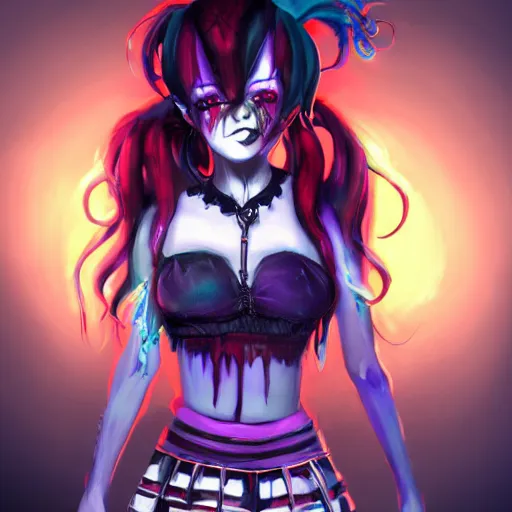 Image similar to goth anime clown in mini skirt and crop top intricate, extremely detailed, digital painting, artstation, concept art, smooth, sharp focus, illustration, intimidating lighting, incredible art, face and body