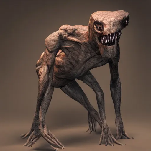 Image similar to tall bipedal creature in the darkness, long claws, large long pointy teeth, drooling, hunched over, hairless, dark cavern, no light, highly intricate, detailed, 8 k