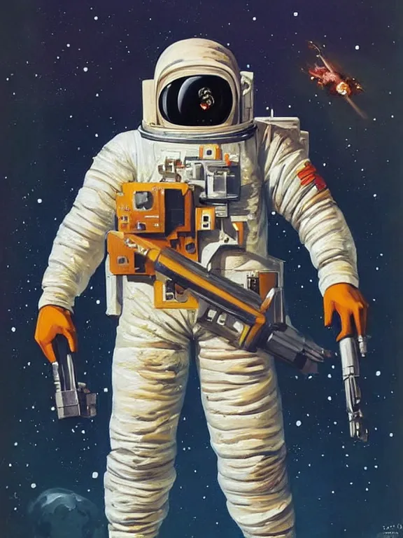 Image similar to a painting of a man in a space suit holding a gun, concept art by chris foss, cgsociety, retrofuturism, concept art, future tech, sci - fi