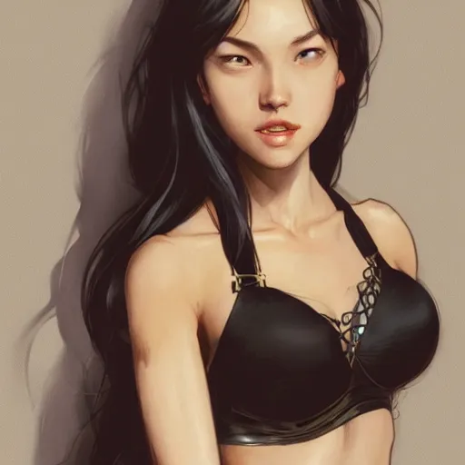 Prompt: portrait of cassandra cain wearing black bra, attractive, casual, modern, victoria's secret, highly detailed, digital painting, artstation, concept art, smooth, sharp focus, illustration, art by artgerm, greg rutkowski and alphonse mucha